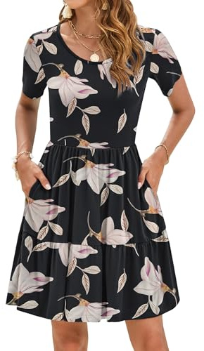 AUSELILY Women's Short Sleeve Summer Dress Swing Beach Dress Casual Knee Length Sundress with Pockets Morning Glory S