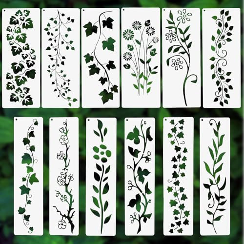 TIESOME 12 Stück Blatt-Ranken-Schablonen, Wiederverwendbare Schablonen für Wandgestaltung, DIY-Bastelprojekte, Malschablonen für Holz, Wände, Leinwand, Möbel