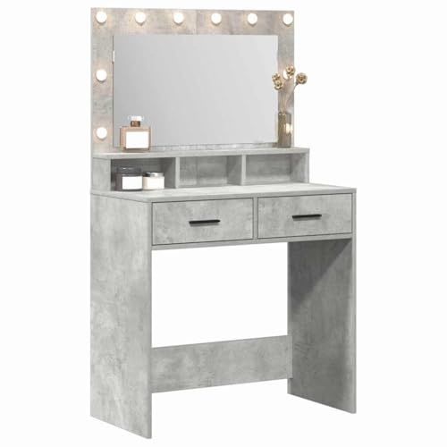 vidaXL Smyckebord med låda Betonggrå 79 x 41 x 135 cm Konstruerat trä, Elegant rektangulär sminkspegel, modern förvaringsbyrå med LED, kompakt och funktionell i sovrummet