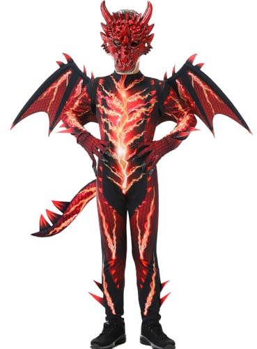 aicoaub Drachen Kostüm Kinder Drachenkostüm für Jungen Mädchen mit Flügel Masken Drachenklaue Schwanz Karneval Halloween Kostüm Kinder Dinosaurier für 110 bis 160 cm Junge, 4 bis 13 Jahre