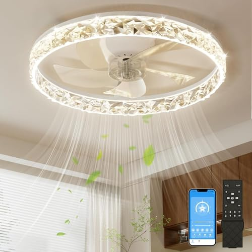 NIORSUN 60CM LED Ceiling Fan with Lights and APP Remote, 3000K/4500K/6000K Stepless Dimmable Low Profile Ceiling Fan, Flush Mount Ceiling Fans,6 Speeds Ceiling Fan Light for Bedroom Living Room（White）