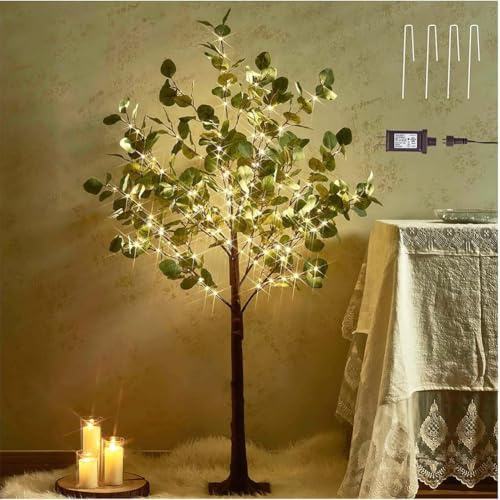 LOGT LED Beleuchteter Eukalyptusblatt Baum Lampe Warmweiß Künstliches Grün Lichter und Blätter Baum Leuchte Stecker Kabel Stehlampen Innen und Außen Dekoration Eukalyptusblatt Baum Lichter,150CM