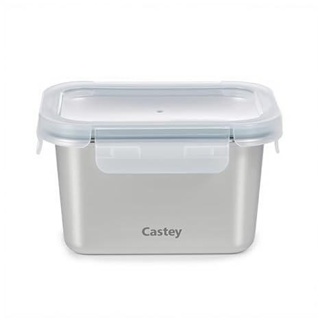 Castey - Contenitore rettangolare in acciaio inox, chiusura ermetica con coperchio, per la conservazione degli alimenti, coperchio senza BPA, design anti-goccia, lavabile in lavastoviglie (C-A750)