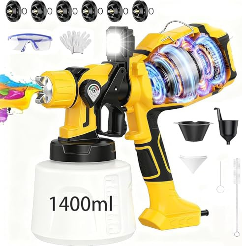 ZICO Pulverizador de pintura eléctrico, pistola de pintura de 1000 W con luz LED, contenedor de 1400 ml, 6 boquillas y 3 patrones, fácil de limpiar, flujo ajustable, para vallas, cobertizos, armarios