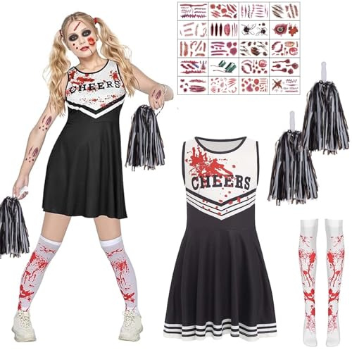 ZeiLaBang Kakadi Halloween Cheerleader Kostüm,Zombie Cheerleader Kostüms mit Pompons Blutige Strümpfe Tattoo Aufkleber,Gruseliger Blutiger cheerleader Kostüm für Halloween Gruselige Party Cosplay