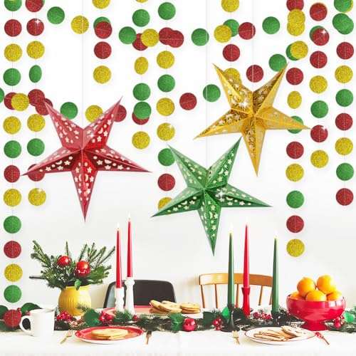 Christmas Decorations Kit, Christmas Hanging Paper Stars Garland, Ceiling Decorations for Xmas, New Year, Balloon Arch Backdrop