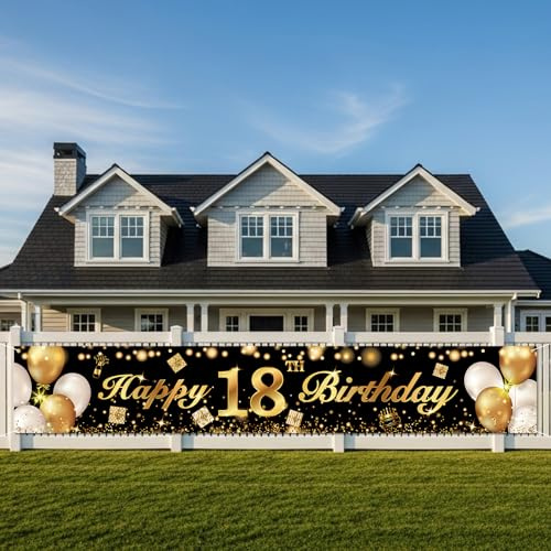 Bannière 18 Ans Noir et Or, Décoration Unisexe pour Fête d'Anniversaire, Adaptée aux balustrades ou aux murs, Accessoire Photo pour Célébration Adulte, 210 x 40 cm