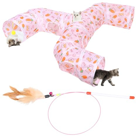 HuhWafee 2 Stück Katze Spielzeug,Katzentunnel mit Spielball,Katzenspielzeug mit Federn, 3 Wege Faltbarer Haustier Spieltunnel Röhre,Robustes Katzenspielzeug für Katzen, Welpen, Kaninchen, 25x130 cm