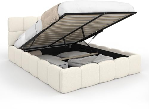 IDMarket - Cama doble con cabecero acolchado y somier de 140 x 190 cm, tejido buclette blanco