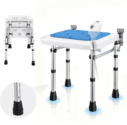 Folding Shower Seat, Wall-Mounted Shower Stool with 5-Position Height Adjustment, Hidden Wall Seat with Non-slip Support Legs, Shower Chair for Elderly, Disabled, Pregnant Woman or Injured (blue)