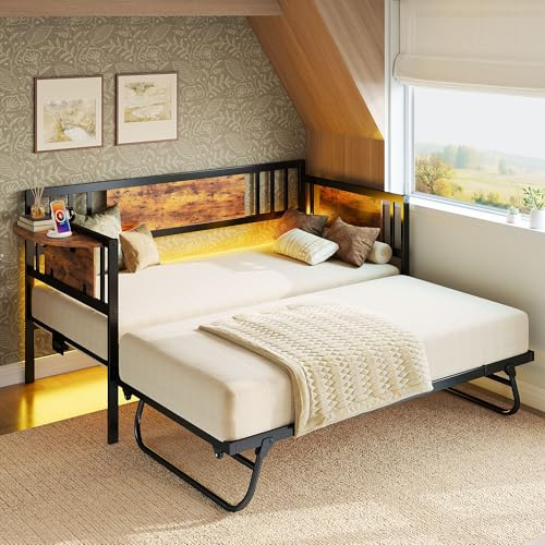 LIKIMIO Daybed with Trundle & Foldable Headboard, 700lbs Metal Twin Bed Frame with LED Lights and Charging Station, Industrial Day Bed for Bedroom, Living Room, Black