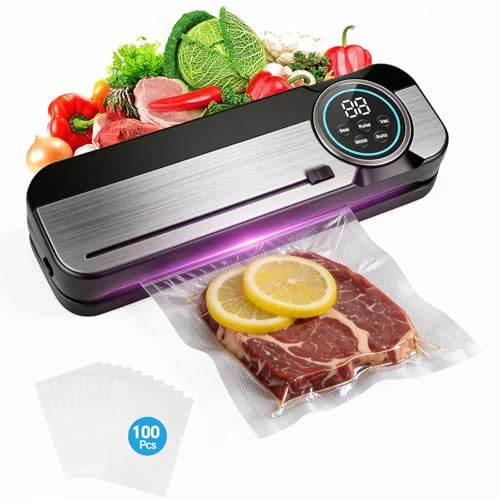 Maidlo All-in-1 Vakuumiergerät mit 100 BPA-freien Beuteln - 120W Vollautomatischer Vakuumierer für Trockene & Feuchte Lebensmittel, 75kPa Folienschweißgerät mit Cutter für Sous-Vide & Gläser, PWM