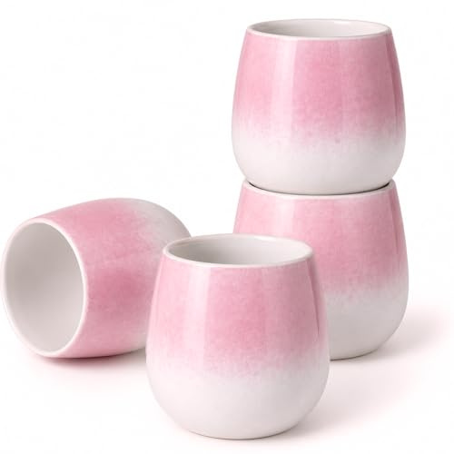 Goodwei Teebecher Set aus Keramik (4 Stück) – Japanisches Teetassen-Set, rundliche Form, handschmeichelnd & modern – Teetassen für Tee, Matcha-Latte, Säfte und mehr, 200 ml (Sakura)