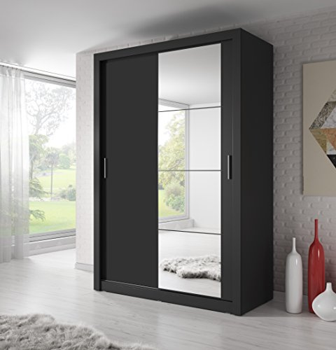 Arthauss Modern Bedroom Mirrored Slide Wardrobe Arti 6 in Black Matt 120cm - Flat Pack Sliding Door Wardrobe with Customisable Interior