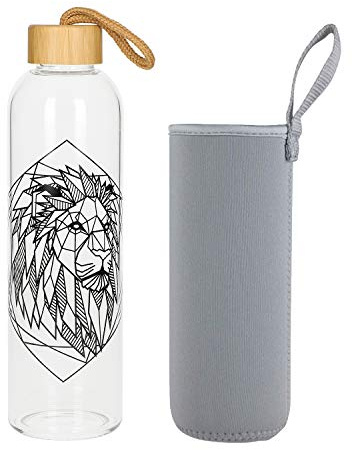 Glasflasche 1 Liter Bamboo Trinkflasche Borosilikatglas mit Neoprentasche zum Mitnehmen von kalt & heiß Getränken BPA-frei für unterwegs Sportflasche Glas Wasserflasche (Lion)