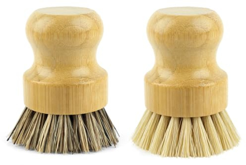 AUEAR, Natural Bamboo Dish Scrub Brush Cleaning Pot Scrubber Brushes Coconut Bristles for Cast Iron Skillet Pots Pans (2 Pack, 2 Colors)