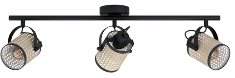 EGLO Deckenlampe Ruscomb, 3 flammige Deckenleuchte Vintage, Retro, Boho | Deckenstrahler aus Stahl, Papier, Kunststoff, Wohnzimmerlampe in Schwarz, Natur, Küchenlampe, Spots mit E27 Fassung