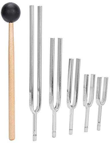 Brrnoo 5-Piece Tuning Fork Set 128Hz + 256Hz + 512Hz + 1024Hz + 2048Hz Medical Tuning Fork Hearing Test Aluminum Alloy Setting with Hammer Medical Instruments Tuning Sound Tool