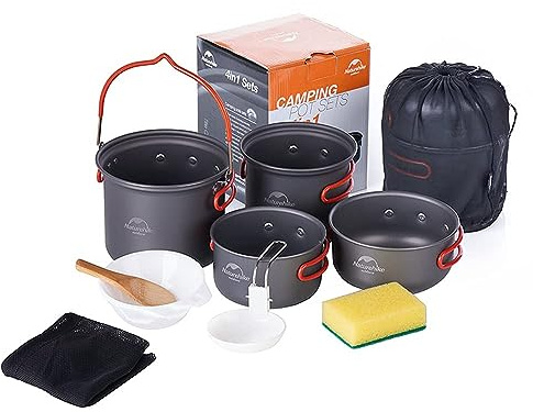 Naturehike Set di pentole da Campeggio per Escursionismo 4 in 1, Facili da Impilare(Alluminio con Gancio)