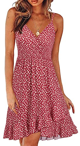 ULTRANICE Women's Casual Summer Floral Wrap V Neck Adjustable Spaghetti Ruffle Dress(Floral-39,L)