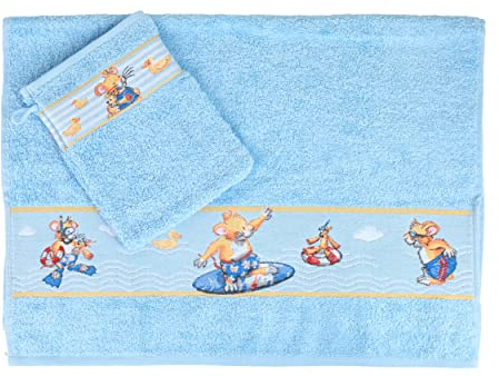 Leo Lausemaus Kinder Frottier-Set, 2-teilig, blau - mit flauschigem Kinderhandtuch und Waschhandschuh, für Jungen und Mädchen - Handtuch 50 x 70 cm, Waschlappen 16 x 21 cm