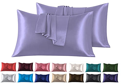 Set di 2 Federe in Raso 40 x 80 cm Lilla, Federa Cuscino Letto Morbida e Setosa al Tatto, Chiusura a Busta, Antiacaro e Ipoallergico, Protezione Capelli e Pelle & Antirughe