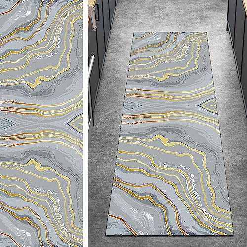 Ymural Lang Teppich Läufer Flur Abstrakt Kücheteppich 50x100CM Grau Gold Kücheläufer rutschfest Lang Teppichläufer Waschbar Kurzflor Polyester Korridor Schlafzimmer, Anpassbar Breite 40-120cm