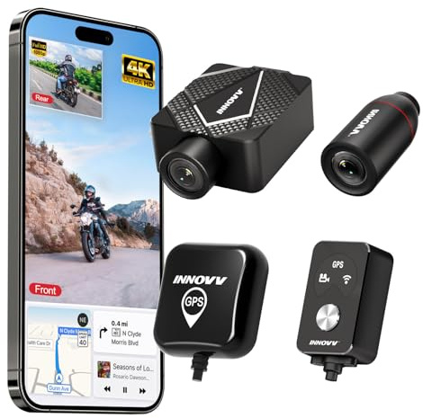 INNOVV K5 Motorrad Dashcam Dual Channel UHD 4K+1080P Motocam, IP67 wasserdichtes WLAN, GPS-Tracking, Nachtsicht, Parkmodus, Loop Record, Unterstützung 512G (SD-Karte Nicht im Lieferumfang enthalten)