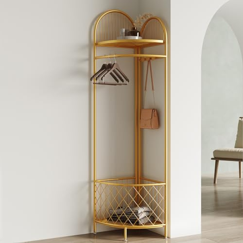 BUZUEY corner coat rack,corner hall tree,metal clothes rack,gold clothing rack with storage basket and hooks for bedroom,living room,entryway.corner storage rack for clothes.