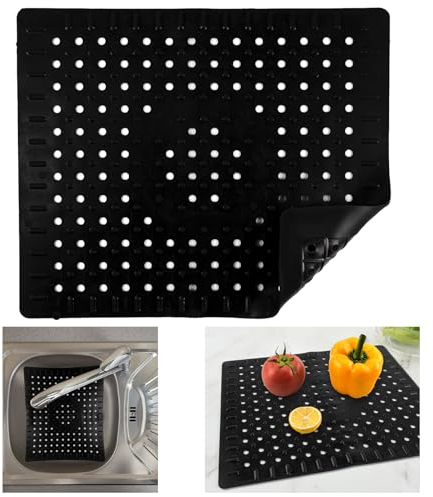 Deepton Spülmatte für Spülbecken, 31.5x26 cm Spülbeckeneinlage, Spülbeckenmatte Sink Mat, Spülbeckeneinlage Silikon, Schwarz Einlage Matte, Spülbeckenschutz, Waschbecken Spülmatte Abtropfmatte