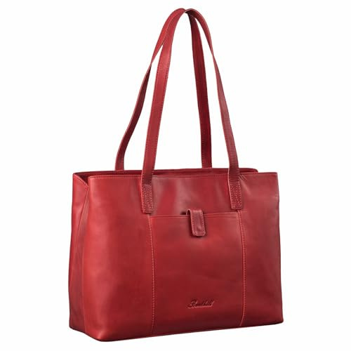 Benthill Damen Tasche Leder - Handtasche aus echtem Rindsleder - Große Schultertasche mit Reißverschluss - Vintage Umhängetasche XL, Farbe:Rot