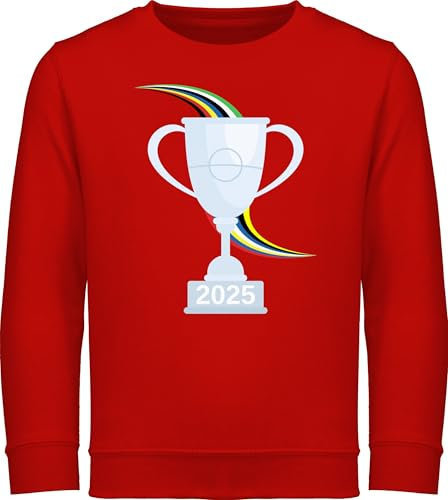 Sweatshirt Kinder Pullover für Jungen Mädchen - Fußball EM WM - Pokal mit Jahreszahl 2025 - 128 (7/8 Jahre) - Rot - europameisterschaft fussball fu ball em- fanartikel em24 fussball-wm fußballer