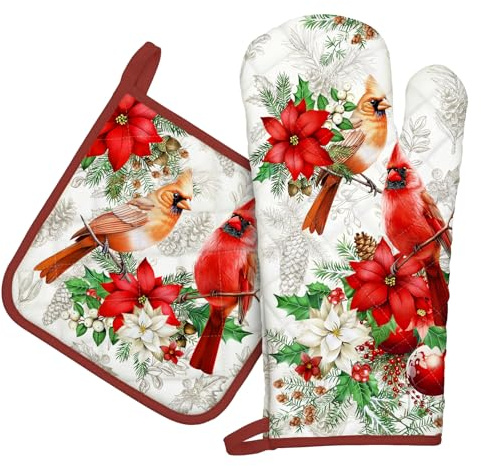 Arquiel Weihnachten Vögel Ofenhandschuh und Topflappen 2er-Set Baumwolle | Baumwoll-Küchenset mit Weihnachten Vögel-Motiv, hitzebeständig und praktisch zum Kochen, Backen und Grillen.