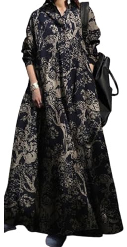 SUYUKU Robe longue décontractée à manches longues pour femme, robe d'hiver, broderie florale, robes amples pour femmes, grande taille, noir foncé, 5XL