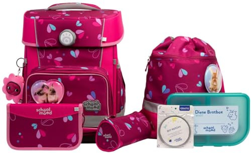 SCHOOL-MOOD Champion Pro Klara Häschen Schulranzenset 7-teilig 21,5L Stauraum, ergonomisches Easy Fit System für 1 m bis 1,50 m Körpergröße, standfest, wasserabweisender Stoff mit Reflektoren