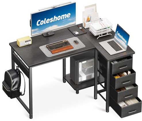 Coleshome Eckschreibtisch, 100x70cm Schreibtisch L Form mit 4 Schubladen, Umkehrbarer Computertisch for Büro Arbeitszimmer Schlafzimmer, Schwarz