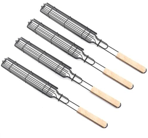 4 Packungen 49 cm extra lange BBQ-Edelstahl-Kabob-Grillkörbe Hot Dog-Grillkörbe mit Holzgriff hitzebeständiges Grillkorb-Set, Kabob-Körbe zum Grillen von Gemüse, Meeresfrüchten, Fleisch