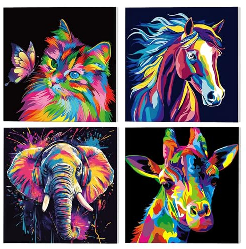 NAIMOER 4 Pièces Peinture par Numero avec Cadre Animaux Adulte Enfants, 8-12 ans Painting by Numbers, Pinceaux et Peintures Acryliques Cadeaux 20x20cm(Chat, Chevaux, Eléphants, Girafe)