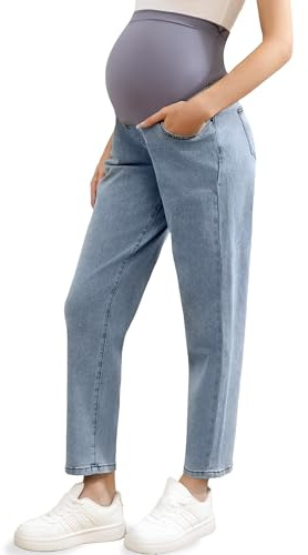 Coukula Damen Umstandsjeans über Bauch Bequeme Stretch Boyfriend Jeans Loose Schwangerschaftshose mit Taschen, Hell, blau, M