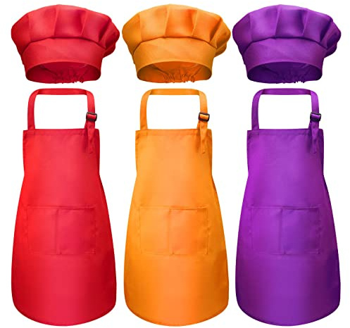 Lot de 6 toques et tabliers de chef réglables pour enfants avec poches pour la cuisine, la pâtisserie et les activités créatives (taille S, polyester)