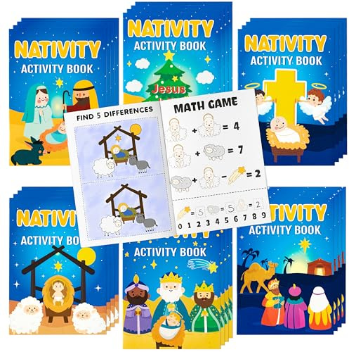 72Pcs Nativity Activity Books for Kids Christmas Mini Games Coloring Book Set Bulk Mazes Word Search Word Scramble Games for Xmas Religions Party Goodie Bags Stuffers Sunday School Classroom Favors