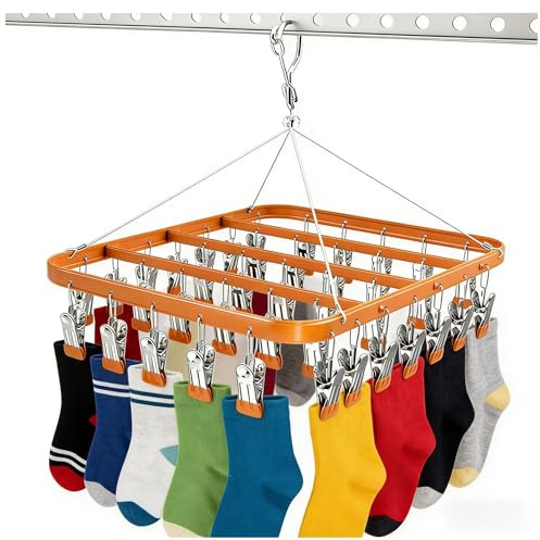 trrcylp Wäscheständer aus Metall mit 36 Clips, winddichter Haken, Faltbarer Wäscheklammer für Socken, BHS, Unterwäsche Kleiderbügel (Gold)