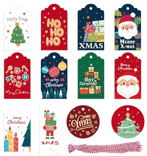 90 Stück Geschenkanhänger Weihnachten,Kraftpapier Weihnachten Etiketten,Weihnachtsanhänger mit Schnur für Weihnachts Geschenke Weihnachtsbaum Dekoration(15 Designs) (Buntpapier)