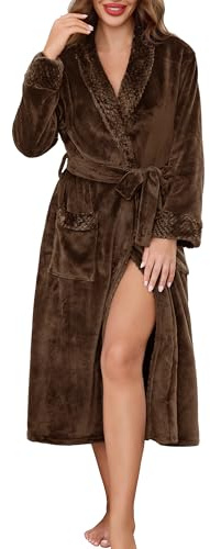 Lovasy Vestaglia Lunga Donna in Pile Accappatoio Invernale Flanella Calda con Cintura e Tasca Morbido e Soffice Vestaglie da Camera per doccia, spa, casa,A-Marrone scuro,XL