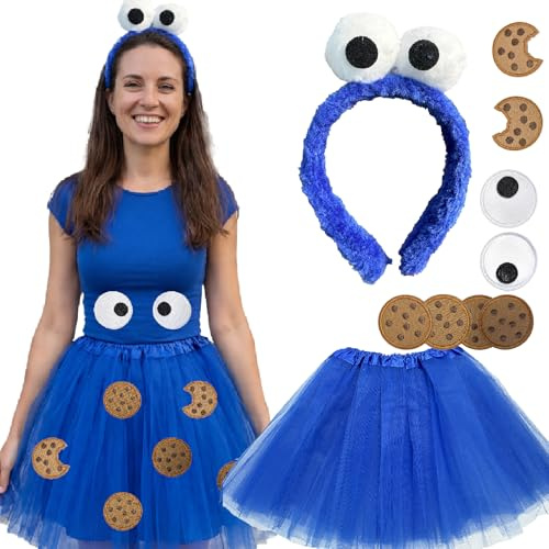 IKSAMY Karneval Krümelmonster Kostüm Damen Kinder: Krümelmonster Haarreif, Blaue Tutu Rock, Keks Aufkleber für Karneval, Fasching, Mottoparty & Cosplay