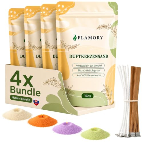 Flamory Kerzensand mit Duft Allround 4x150g, inkl. 12 Dochte, 96h Brennzeit