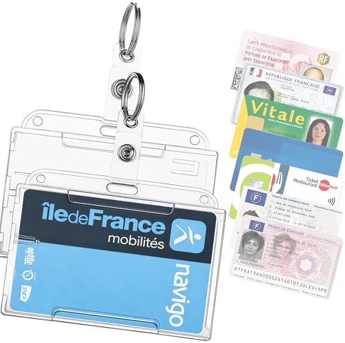 LOT 2 ÉTUIS PORTE-CARTE RIGIDE & TRANSPARENT AVEC PORTE CLÉ POUR BADGE CARTE VTC PASS NAVIGO BANCAIRE VITALE PERMIS DE CONDUIRE CARTE DE CONDUCTEUR MUTUELLE CNI D’IDENTITÉ TICKET RESTAURANT ETC...