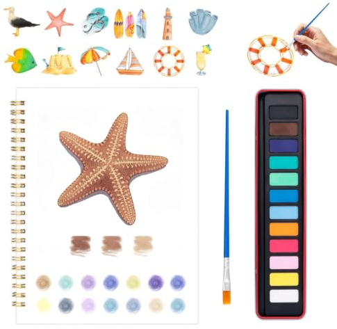 Ruispeed Libro da colorare per Adulti, quaderno ad Acquerello Tema Mare con tavolozza e Pennello, Adatto ai Principianti, Libro da colorare per Adulti con temi Natura, Set Regalo Creativo con
