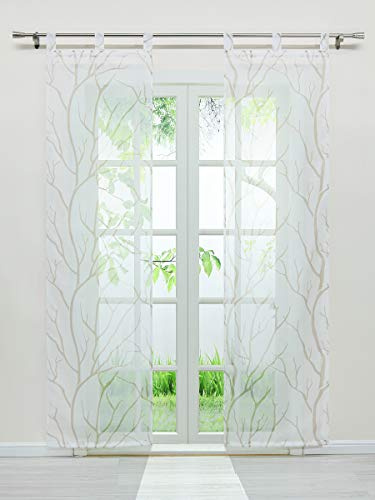 Delien Voile Schiebegardinen mit Äste Muster Flächenvorhänge Vorhang Gardine mit Schlaufen Komplett mit Paneelwagen Beschwerungsstange (2er-Set, je H/B: 145/57 cm)