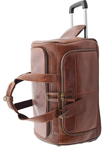 Reisetasche aus echtem Leder, mit Rollen, für Wochenende, über Nacht, Braun, braun, L, Reisetasche mit Rädern